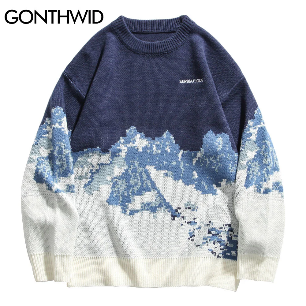 

Snow Mountain Knitted Jumper Sweaters Streetwear Mens Hip Hop Harajuku Pullover Knitwear Tops Fashion Knit Outwear Male