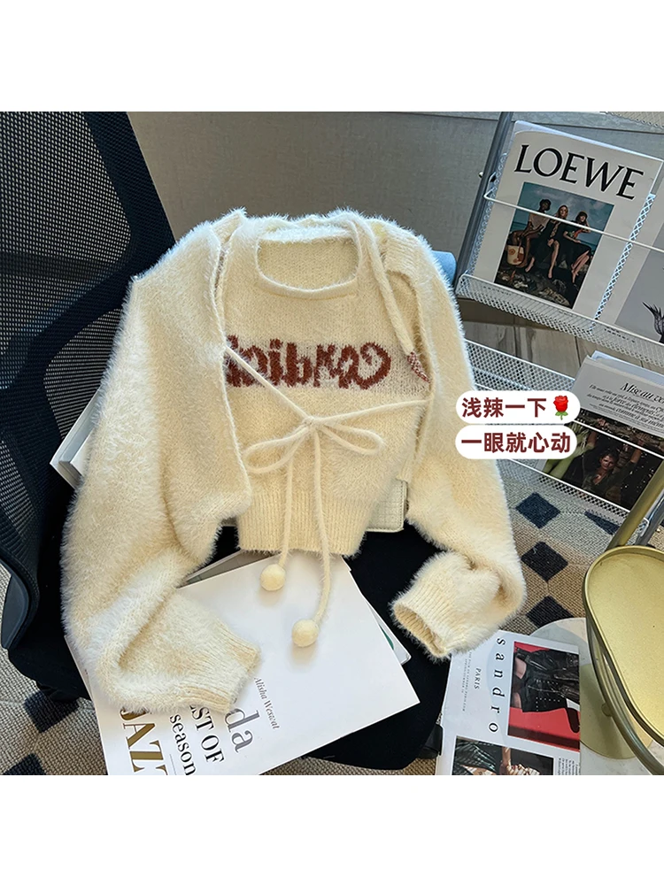 

2022 Korean Fashion Autumn Sexy Knit Sweater Two Piece Set Women Loose Long Sleeve Top + Letter Halter Vest Female Cardigan Suit