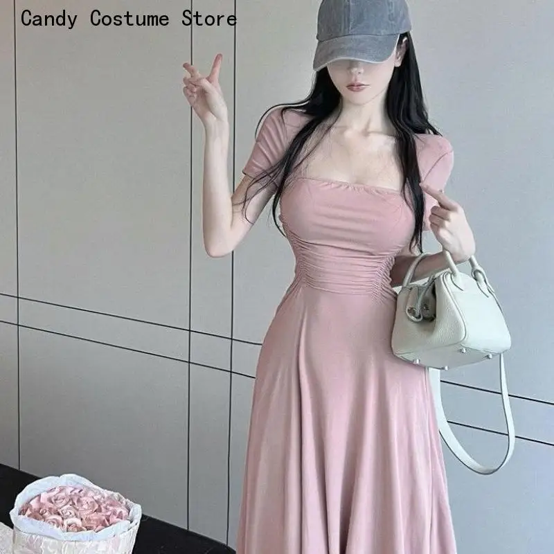 

Solid Sweet Casual Mid-Calf Summer Korean Style Fashion Young Girlish Classic All-Match Basic Daily Tender Dress Women Pink