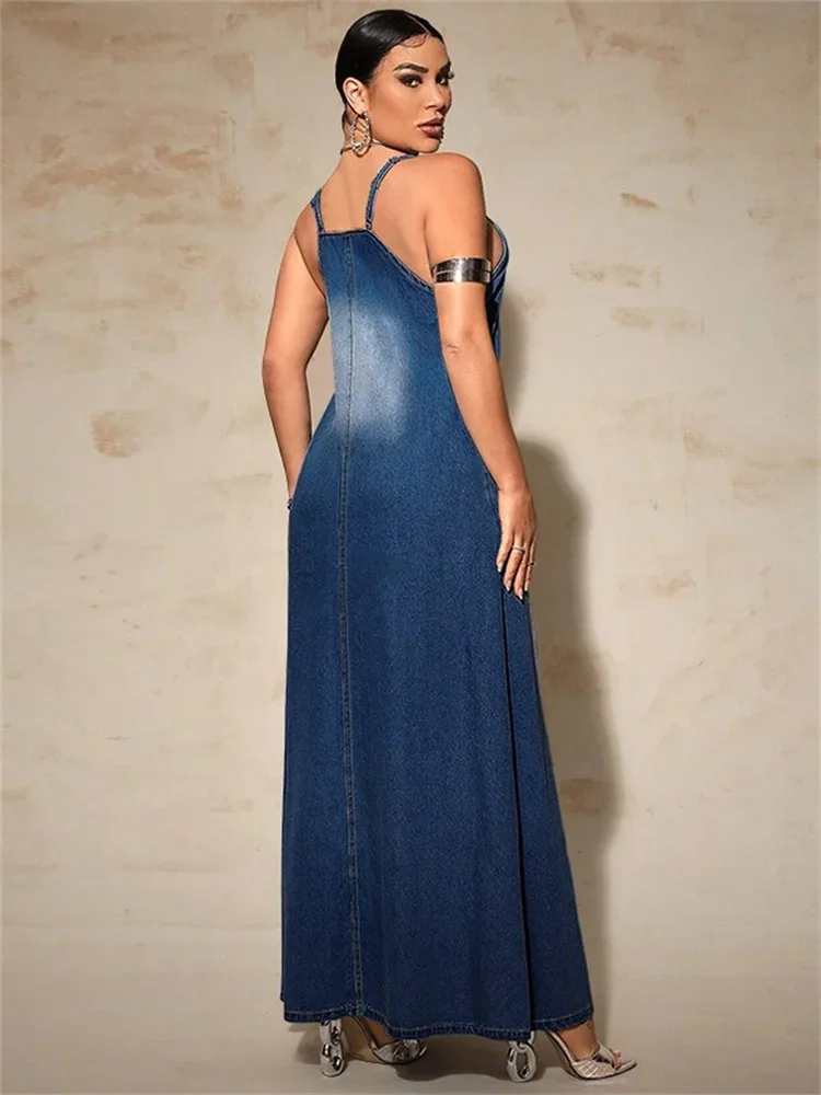 Wmstar Plus Size Denim Dresses for Women Summer Slip Short Sleeve Casual Loose V Neck Maxi Dress Wholesale Dropshipping New