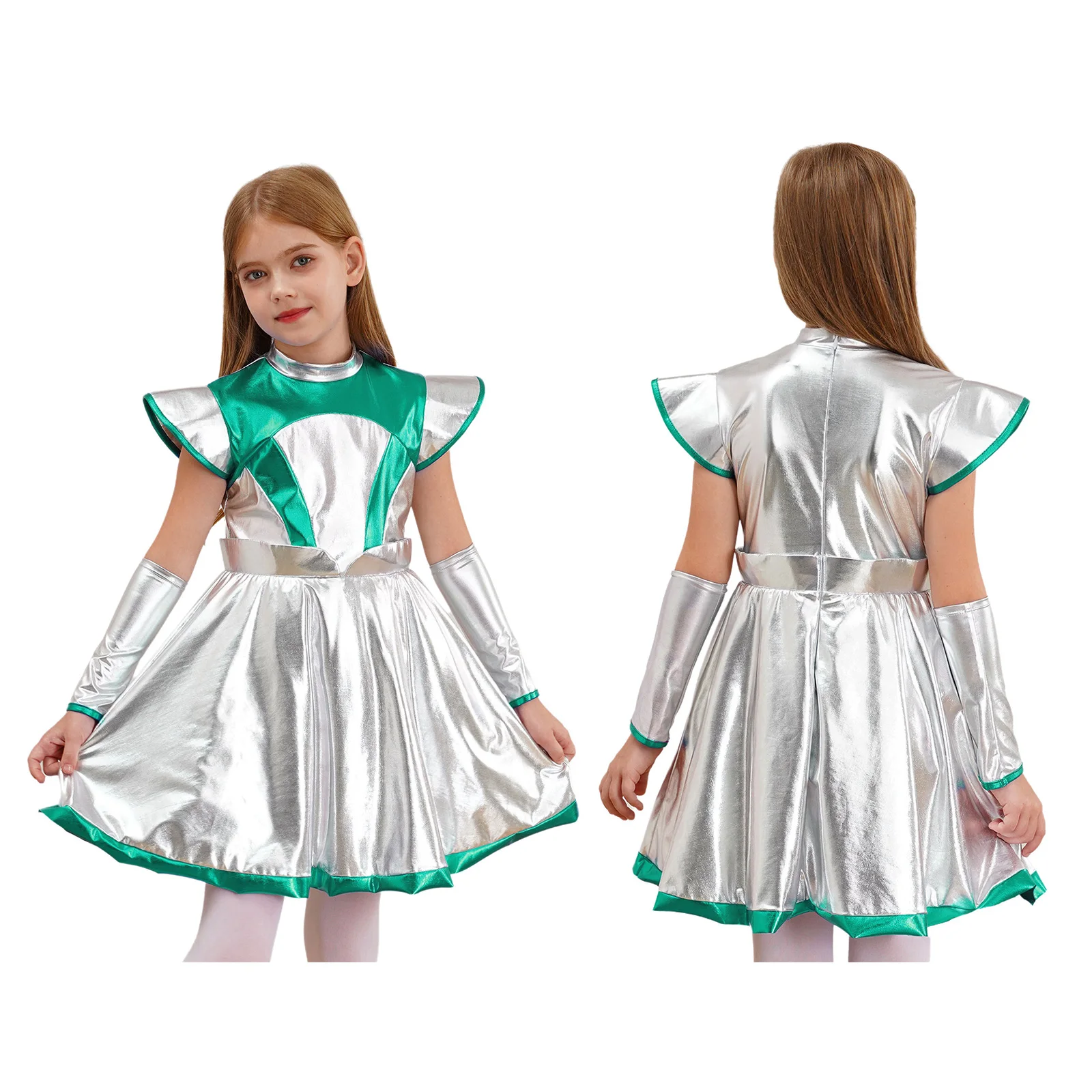 thumbnail image 1 of Disfraz de Halloween para niñas y niños, traje de Alien para Cosplay, manga casquillo, vestido de retales de PU brillante con mangas en el brazo, 1 of 5