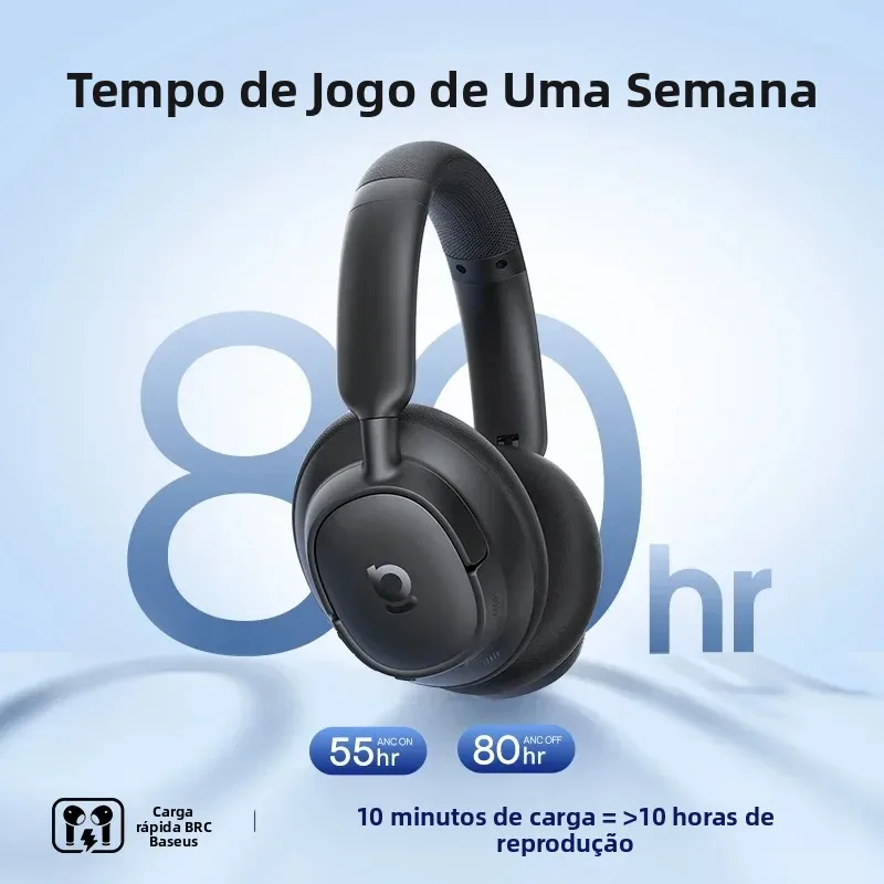 Fones de Ouvido Sem Fio Baseus EH10 NC ANC com Cancelamento de Ruído Adaptativo Híbrido de 45dB, Headsets Hi-Res LDAC, Bluetooth 6.0, 80 Horas de Duração
