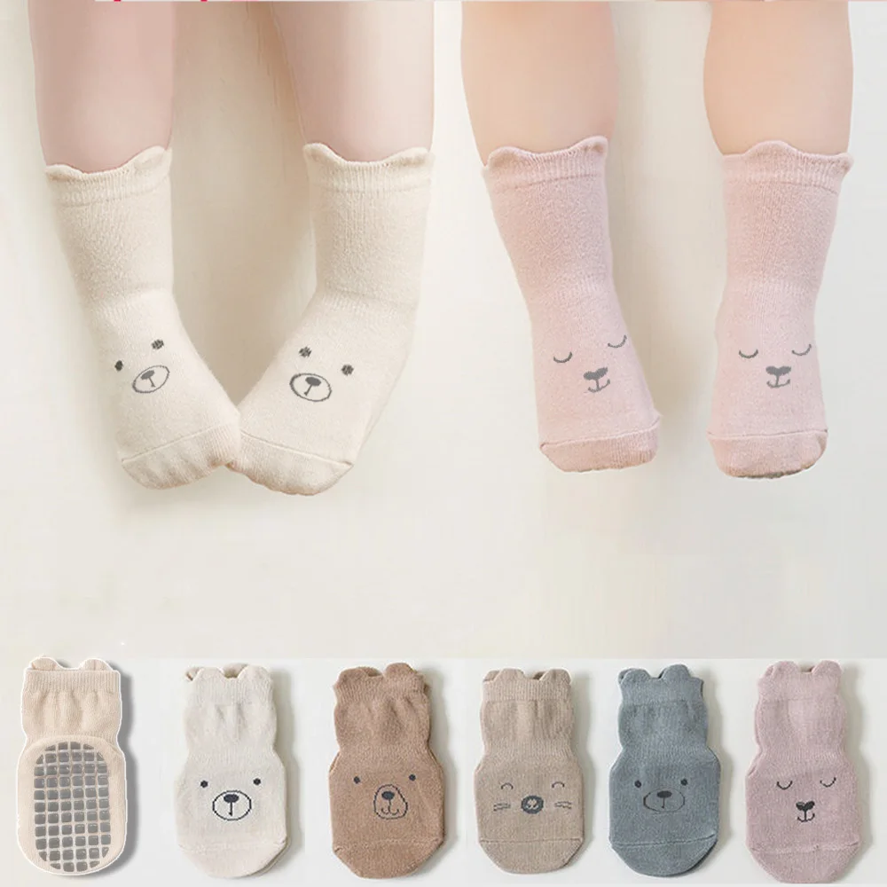 5 Pairs Infant Newborn Baby Anti-Slip Socks 5colored Bear Print Baby Girl Cotton Socks Solid Autumn Toddler Boys Knee Floor Sock 2