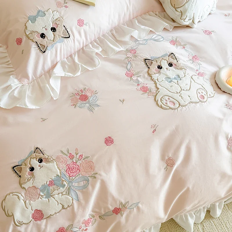 Pink Pure cotton cute cartoon cat embroidery 3/4Pcs Girls children's room bedroom bedding set ins style quilt cover bed sheet