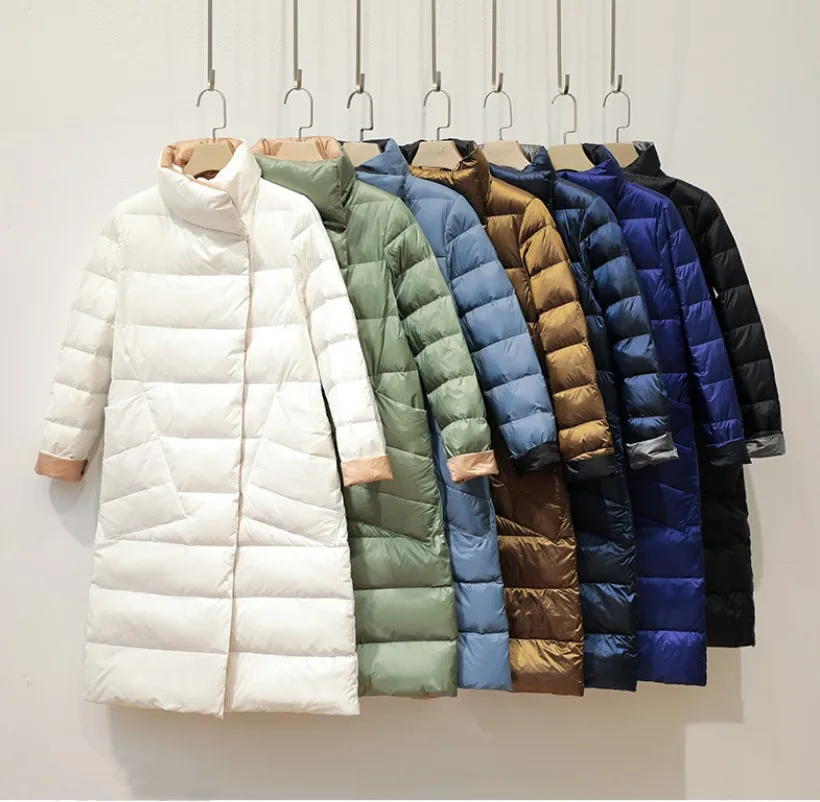 Winter Women Double Side Duck Down Coat Stand Collar Warm Long Down Jacket Female Double Breasted Parka Outwear Puffer Overcoat women s winter bright down jacket long sleeve stand up collar warm slim coat female ultralight zipper windproof puffer outwear