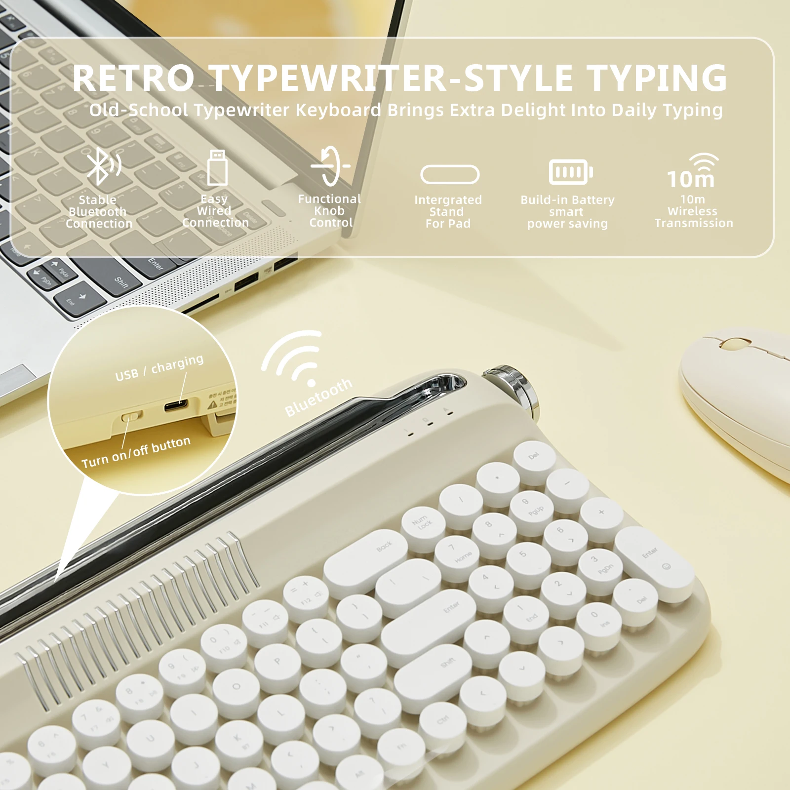 Yunzii-teclado Retro sem Fios de Máquina de Escrever Atualizado tipo c Bluetooth Teclas Redondas Stands Integrados Bonito Bege Areia B309 - Imagem 2
