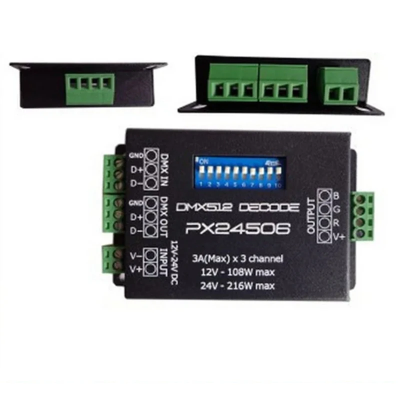 RGB LED 스트립 조명 컨트롤러, LED 디코더, DMX 512 디코더 드라이버, DMX 512 증폭기, PX24506, 9A, 12V, 24V