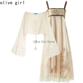 Abito estivo da donna 2023 Cinese tradizionale modificato Intrattenimento musiche e canzoni Indossare Camicetta di chiffon a prova di sole Cinghie Abito Set a due pezzi 1