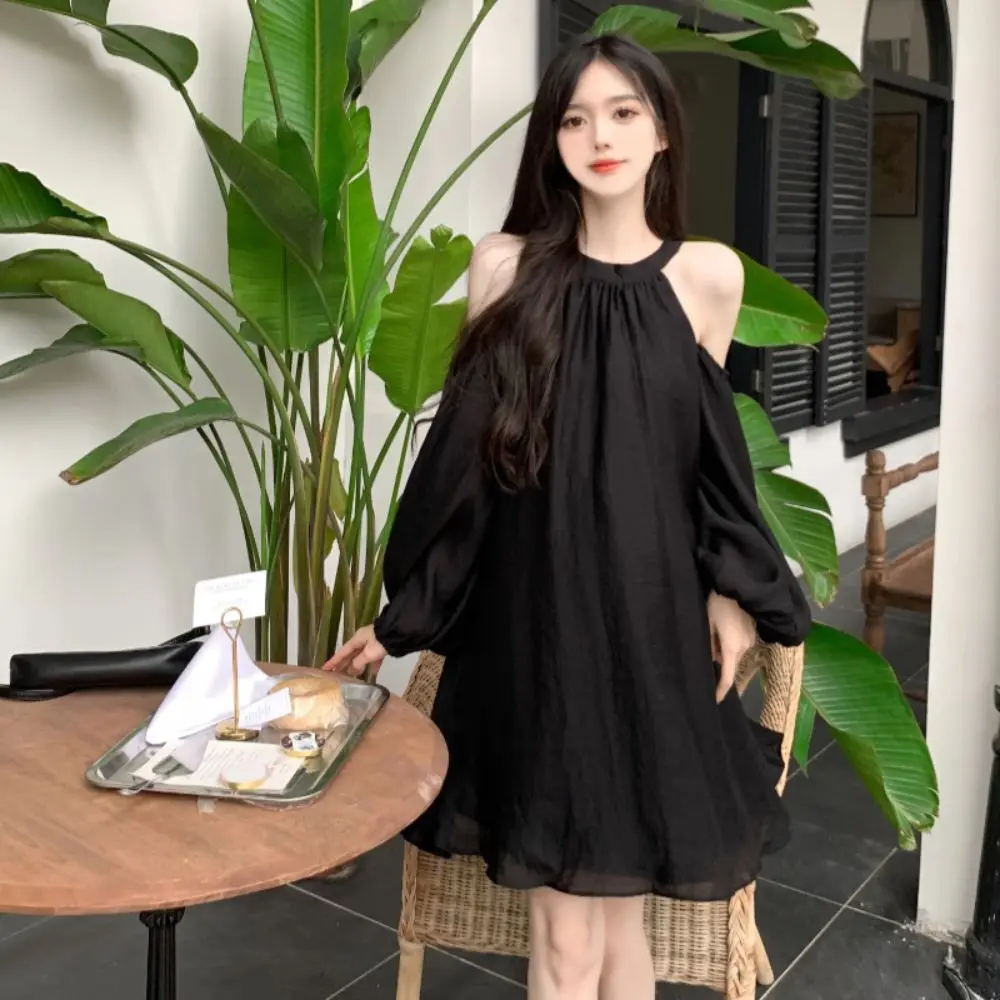 Fashion Lantern Sleeve Off Shoulder Halter Dress Thin Korean Style Halter Mini Dress Elegant Beachwear A-line Short Skirt Party
