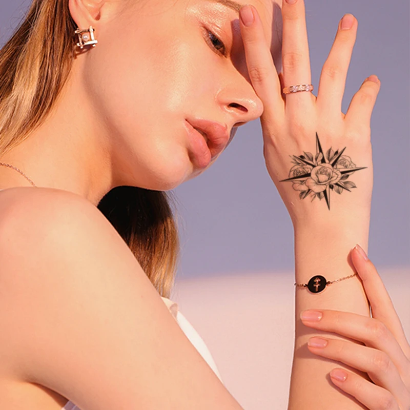 

Black Compass Temporary Tattoos for Men Women Sexy Fake Sketch Rose Flowers Leaves Tattoo Sticker Small Size Arm Hand Leg Tatoos