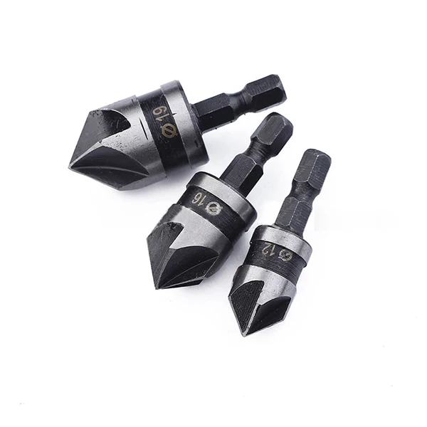 90 Degrees Chamfer Drill Bit Set 12/16/19mm 5 Flute Woodworking Drill Bit Cutter Countersink Drill Bit Set Metal Drilling