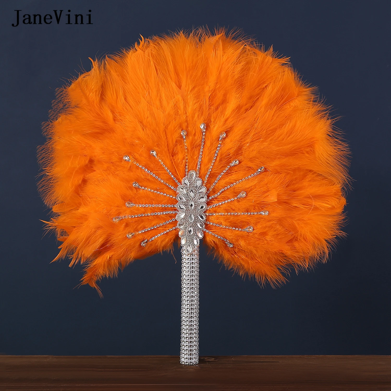 

JaneVini Luxury African Turkey Bridal Bouquets Fan Feathers for Dance Wedding Decoration Fan with Rhinestone One-Side Orange Fan