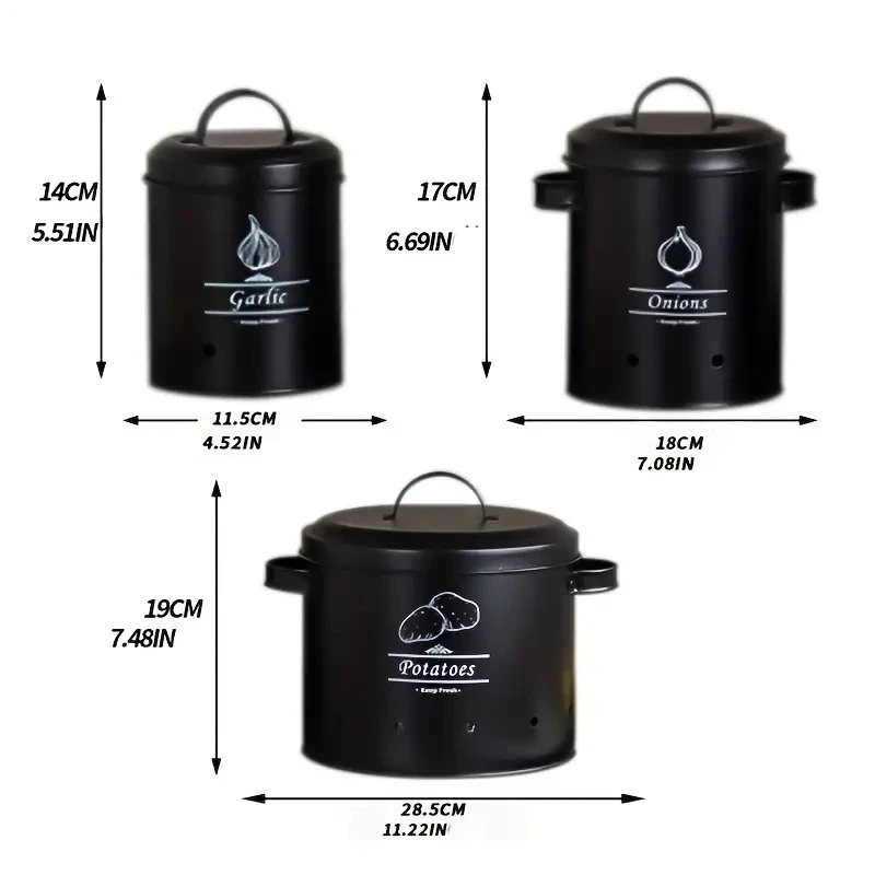 3 Pcs Retro Metal Potato Garlic Onion Storage Containers With 360° Ventilation System