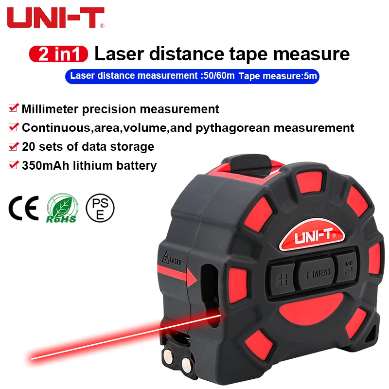 Tanie UNI-T 2 w 1 cyfrowa taśma miernicza laserowa 50m 60m dalmierze laserowe