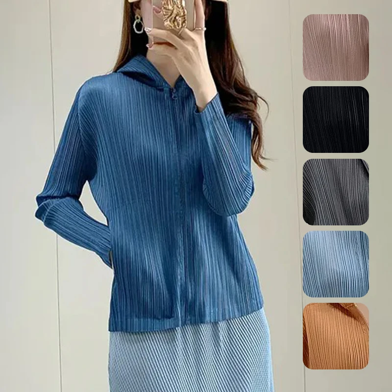 

ALSEY Miyake Pleated Women's Zipper Simple Hooded Sun Shirt Tops Long Sleeve Cardigan Casual Jackets for Women 2024 Summer New