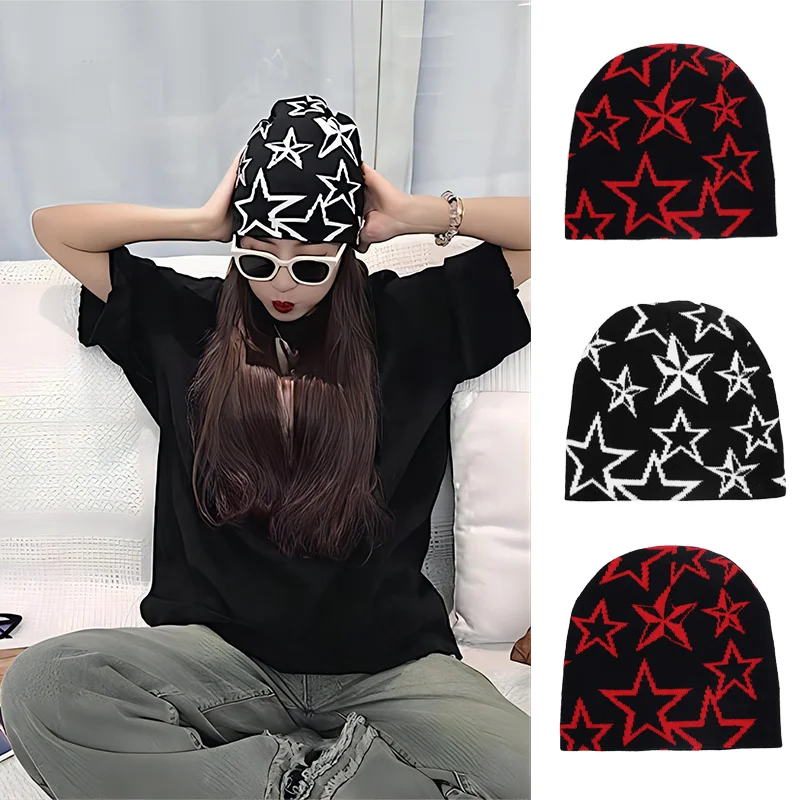 

Y2K Fashionable Versatile Beanie Hat Knitted Wool Pullover Cap Letter Star Jacquard Hip Hop Caps Lovely Unisex Harajuku Style