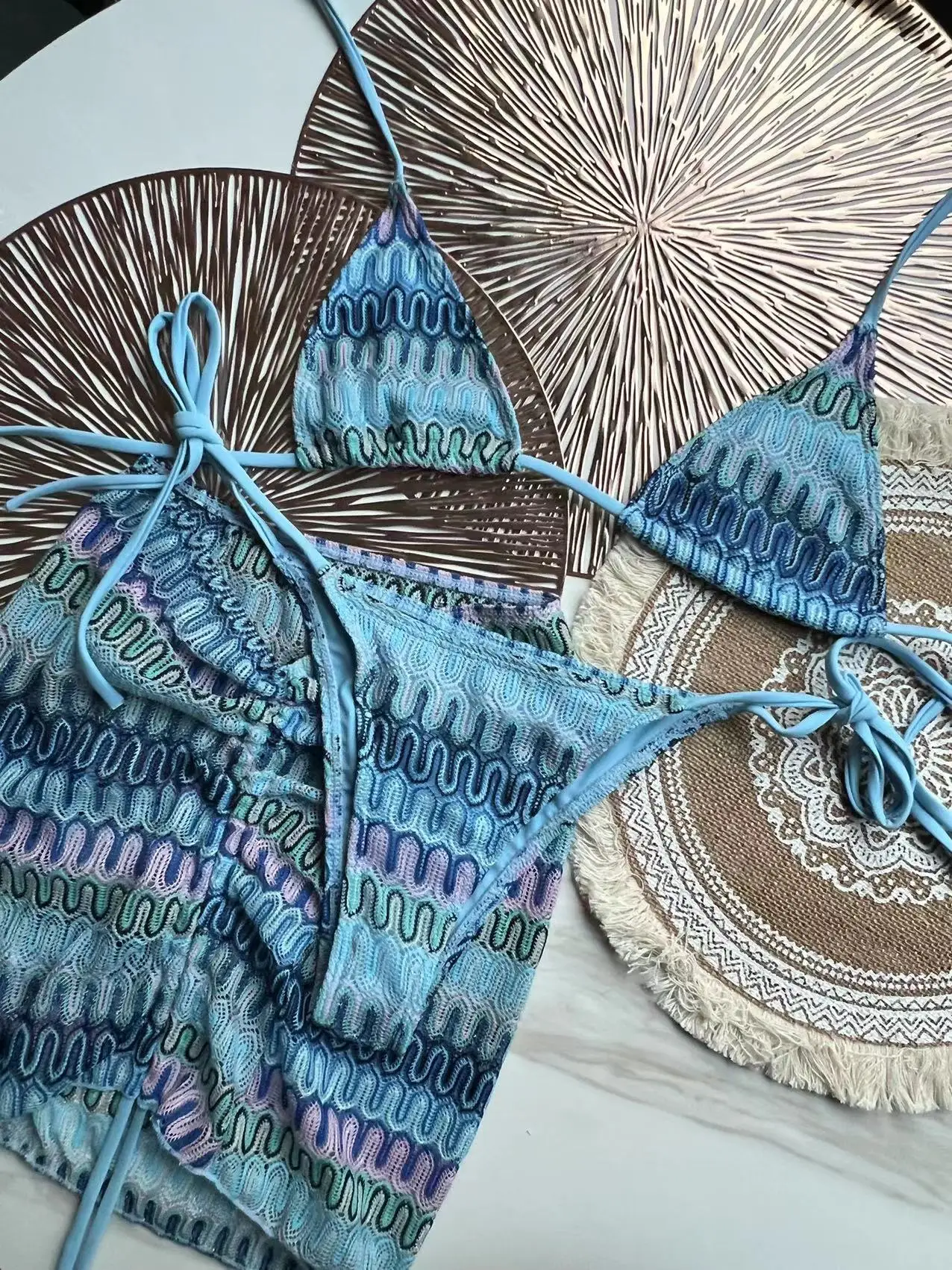 

Купальник-бикини зигзаг, Женская купальная одежда, юбка, синий купальник-тройка, купальный костюм-тройка