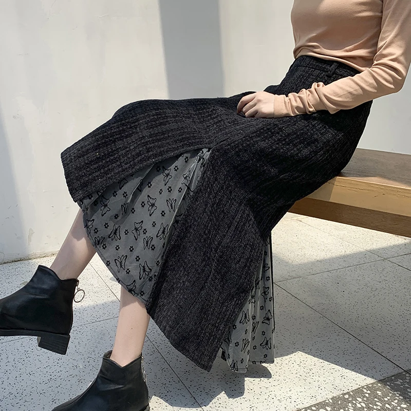 QOERLIN Vintage Woolen Zipper Skirts Black Plaid Patchwork Printed Mesh Mid-Length High Waist A-Line Skirts 2024 Fall Winter New