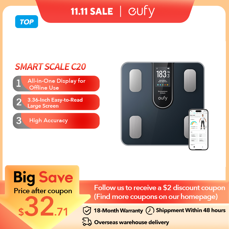 eufy Smart Scale C20 Digital Bathroom Body Fat Scale With Larger TFT Screen All-In-One Display for Offline Use Scale