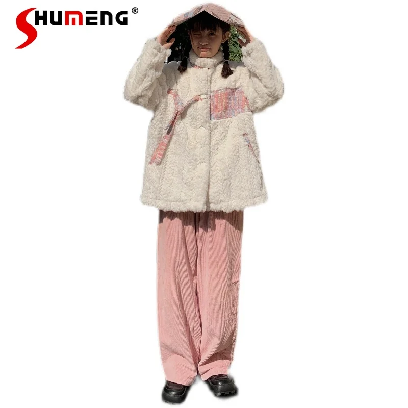 Cute Lamb Wool Fur Fleece Padded White Coat Female 2023 Winter New Student Loose Sweet Thickened Cotton Padded Jacket for Women