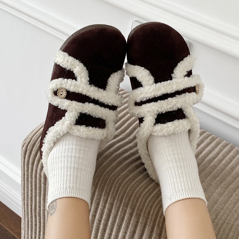 

Зимняя обувь, женские лоферы с закрытым носком, меховые женские повседневные кроссовки с круглым носком, новая модель, Мокасины, однотонные резиновые туфли