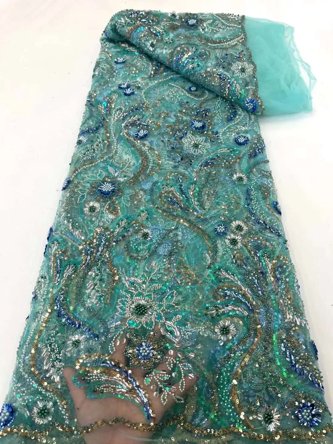 

High Quality African Nigerian Tulle Lace Fabric Sequins Embroidery French Mesh Wedding Party Dress Tube Beaded 5yards Xc