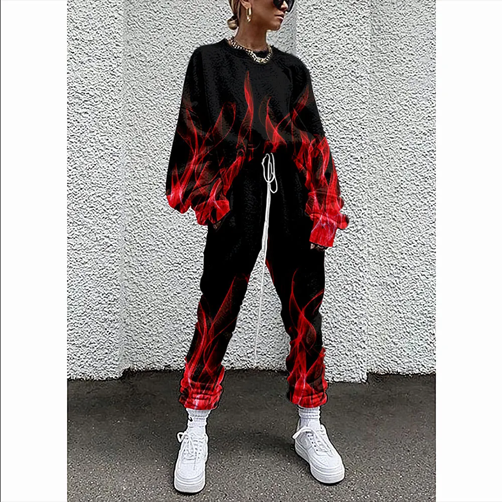 Flame Print Women Clothing Solid Color Long Sleeve Loose Blouse Pant Autumn Winter Tracksuit Outfit Plus Size 4XL Warm Clothes custom hoodies