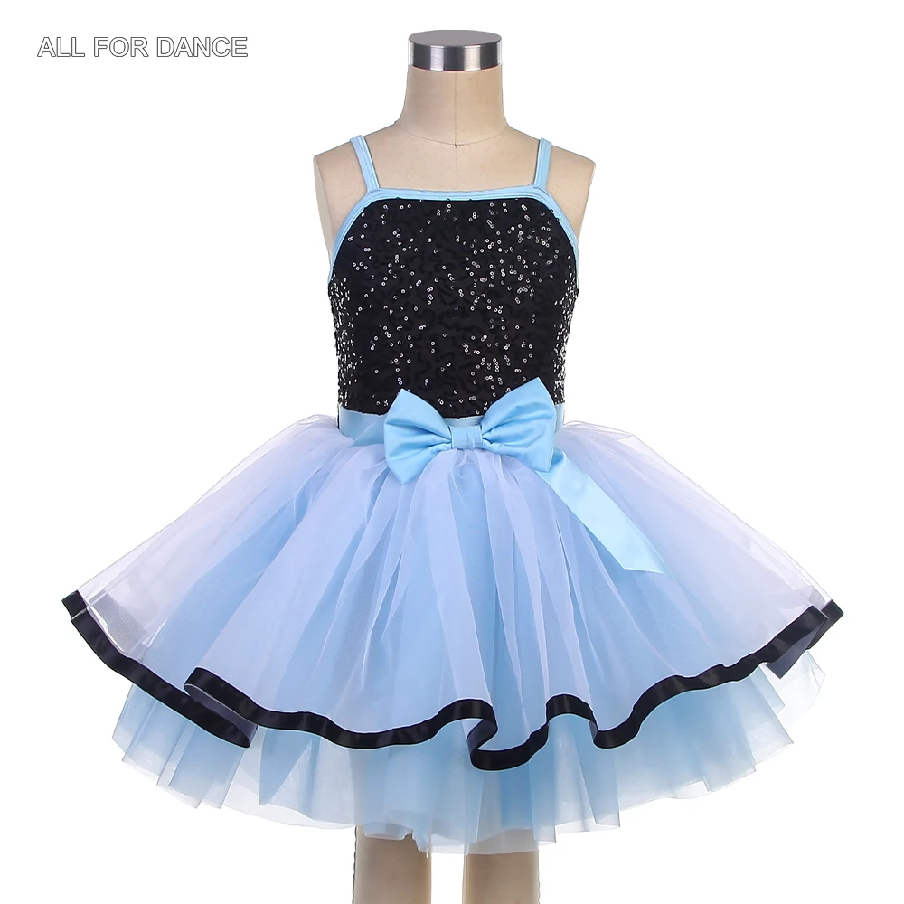

24013 Black Sequin Top Bodice with Sky Blue Tulle Tutu Skirt Kids Stage Performance Dance Costume Girls Ballerina Dance Dress
