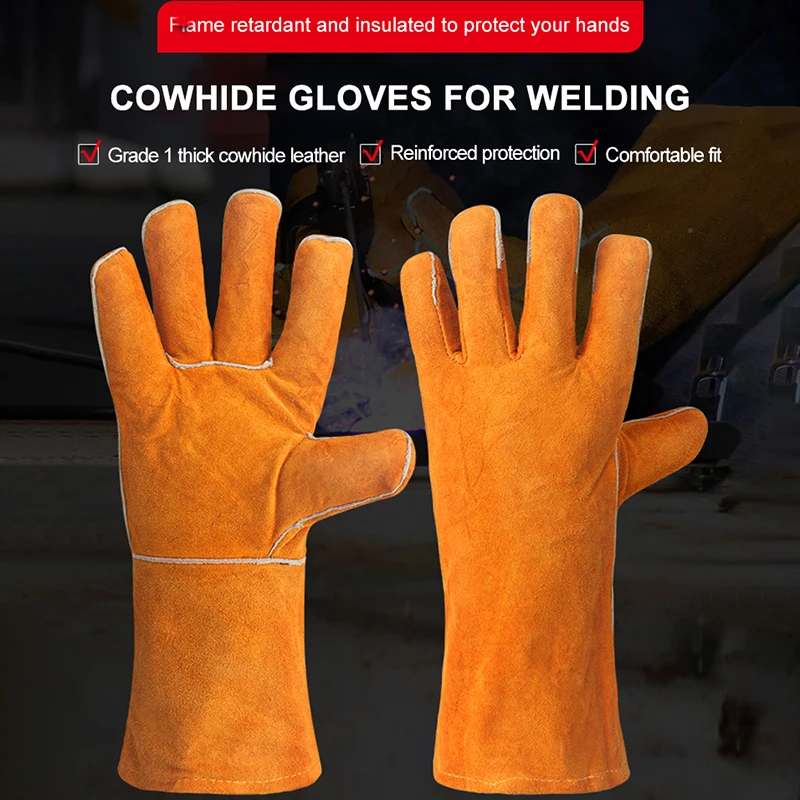 WYNN'S 1 Pair Leather Work Gloves Cowhide Working Glove Stick Welder Heat Fire Resistant Mitts for Welding Cutting Hand Tools 2