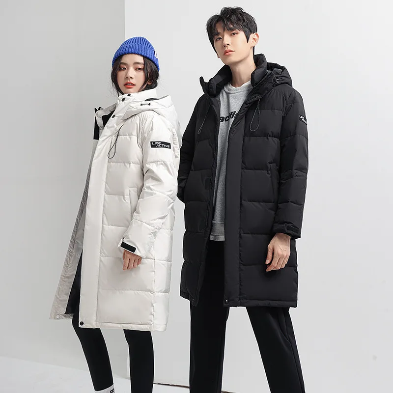 

Fashion Couples Long Down Jacket Winter Men Women Thick Warm Hooded Windbreaker Snow Coats 90% White Duck Down Puffer Jackets