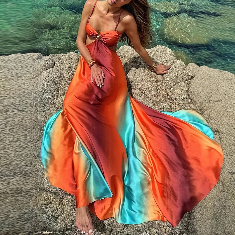 Vestido largo elegante con degradado para mujer, de satén, sin espalda, con corte en A, para playa, sexy, plisado, para vacaciones, verano 2025