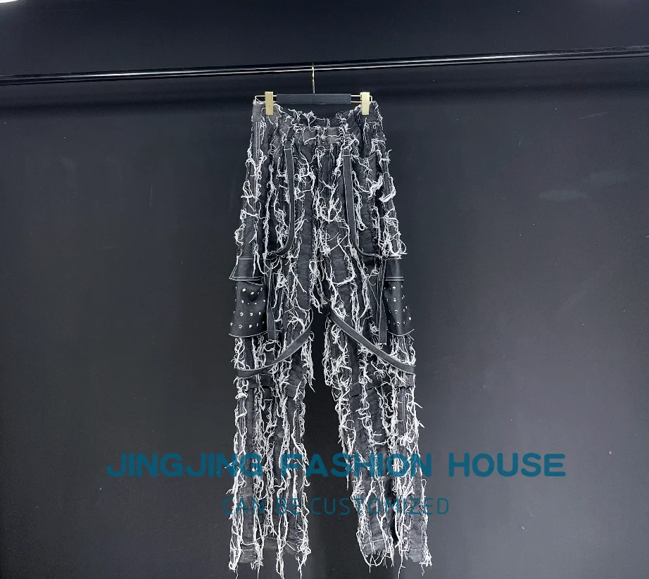 2023 Original design Beggar style denim grey summer men's jeans wide leg pants loose straight leg trend brand trend