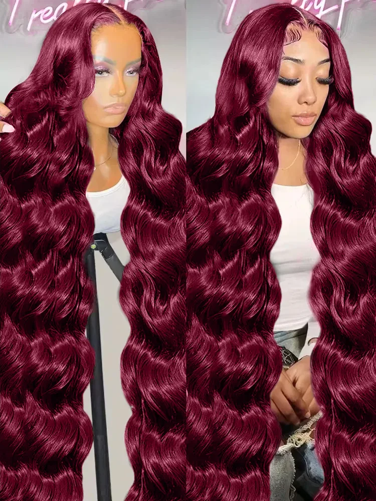30 40Inch 99J Burgundy 13x6 HD Lace Frontal Wig Remy Body Wave Red Colored 13x4 Transparent Lace Front Human Hair Wigs For Women
