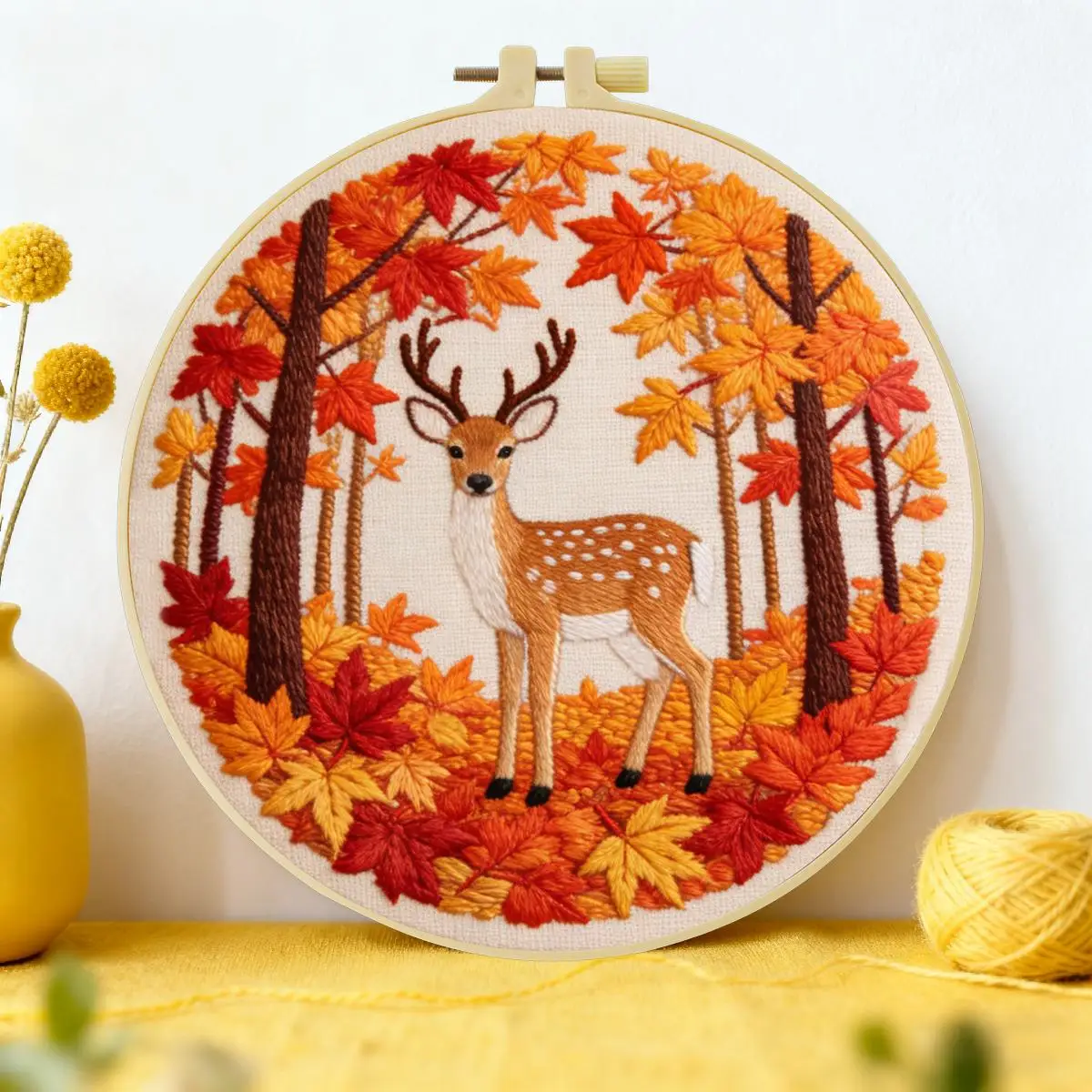 1 Stück 20X20CM/15X15CM 7,87/6,3 Zoll Das Reh im Ahornwald Stickerei-Starter-Kit DIY-Kit DIY-Stickerei-Set Handarbeiten