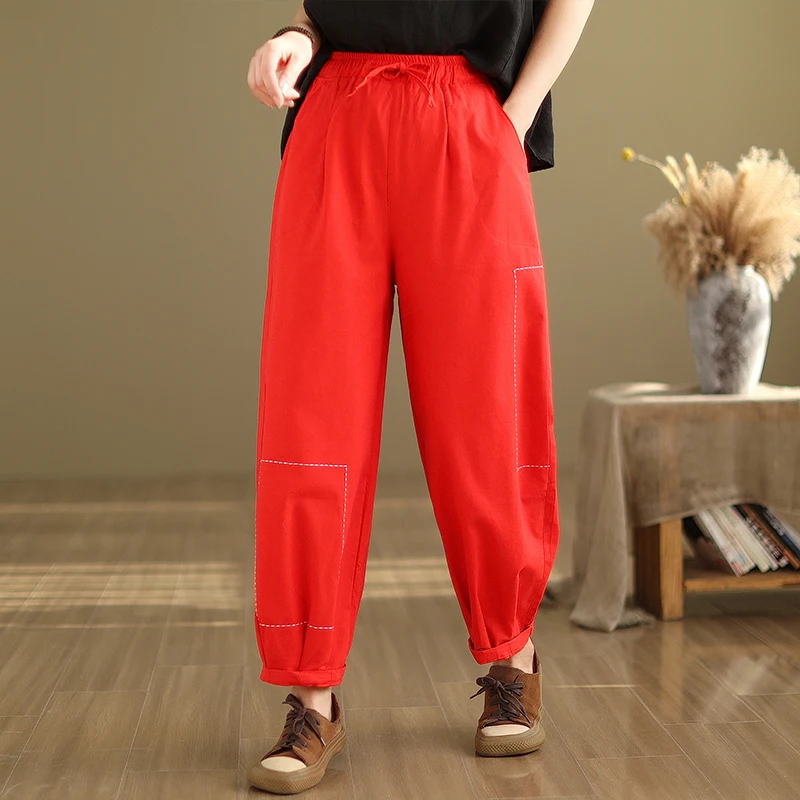 

2024 New Arrival Spring/summer All-matched Women Embroidery Cotton Ankle-length Pants Casual Loose Elastic Waist Harem Pants S62