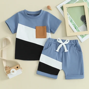 2024-01-30 Lioraitiin Toddler Boys Shorts Set Contrast Color Short Sleeve T-shirt with Elastic Waist Shorts Set Summer Outfit 4