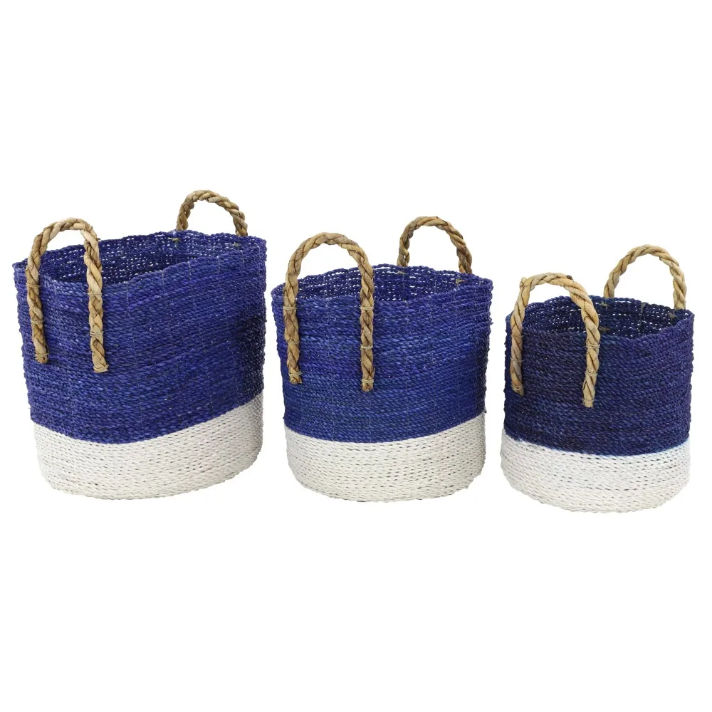 

DecMode 17", 15", 13"W Blue Seagrass Handmade Two Toned Storage Basket with Handles, 3-Pieces