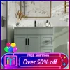 36" Bathroom Vanities Sink Combo with Painted Surface, Drawered Cabinet W/Decorative Wave Lines, Matte Black Faucet Drain, Green 1