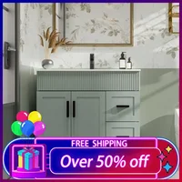 36" Bathroom Vanities Sink Combo with Painted Surface, Drawered Cabinet W/Decorative Wave Lines, Matte Black Faucet Drain, Green 1