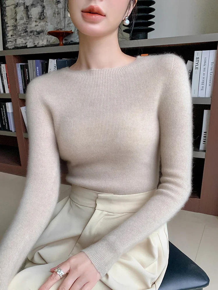 Spring and autumn women's sweater solid color 100% merino wool women's O-neck knit pullover slim soft sexy long sleeve top