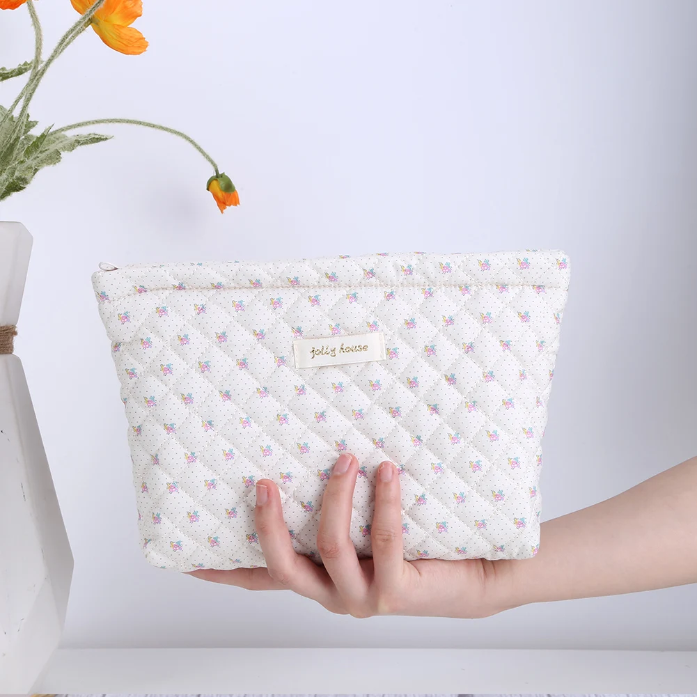 여성용 퀼트 화장품 파우치, 지퍼가 달린 귀여운 메이크업 파우치, 코튼 플로럴 프린트 대용량, 데일리 사용 가방 지갑 세트