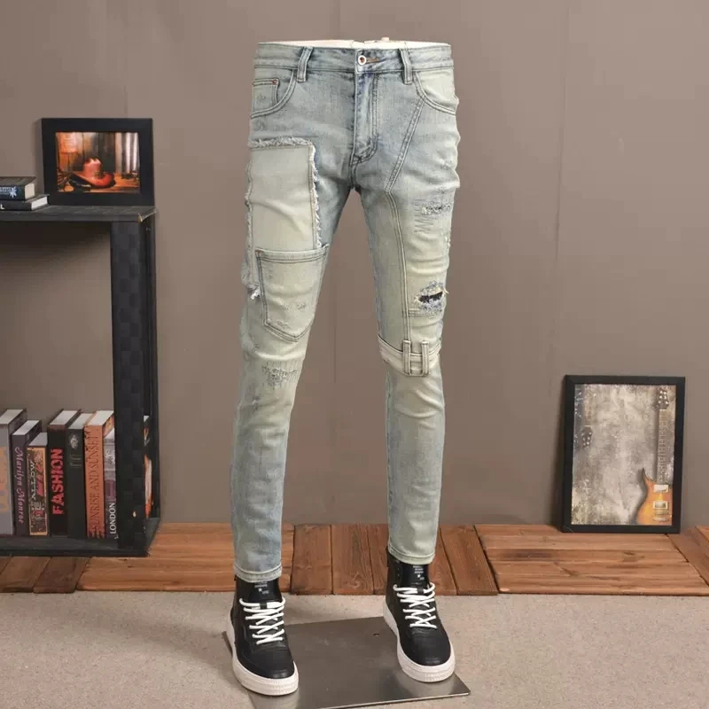 Fashion Streetwear Men Jeans Retro Yellow Blue Stretch Slim Ripped Jeans Men Hole Trousers Patch Designer Hip Hop Pants Hombre