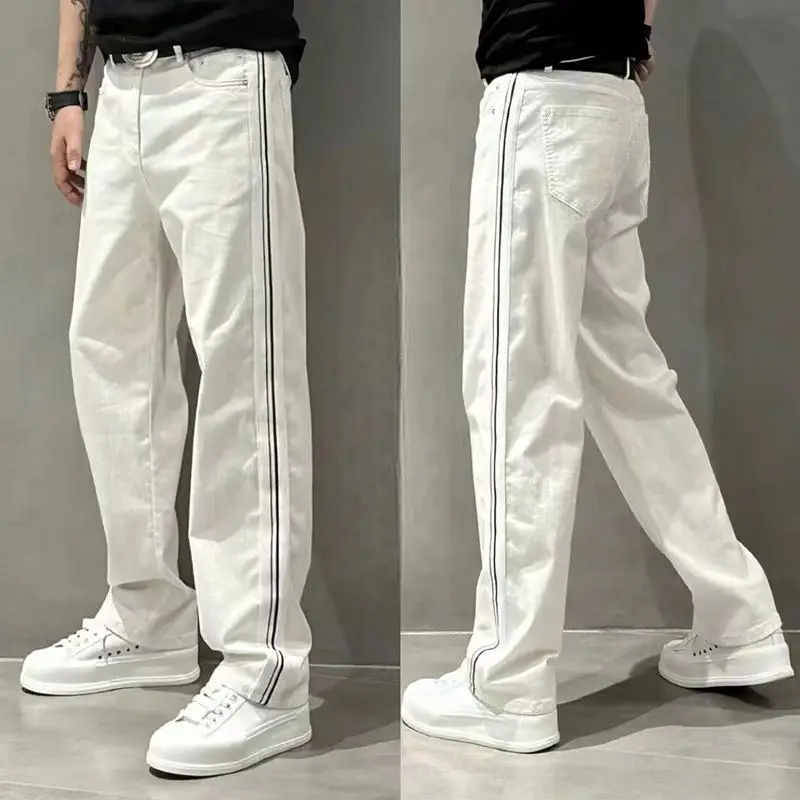Spring Autumn Loose Casual Elastic Waist Straight Pants Men Simple Patchwork Fashion All-match Sweatpants Male Wide Leg Trousers