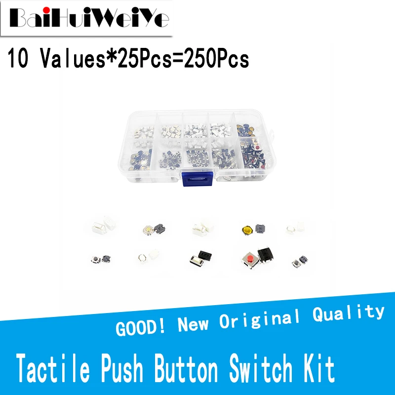 Assortment Of 250 Micro Push Button Switches - For Car Remote Key Fob Repair (10 Types)