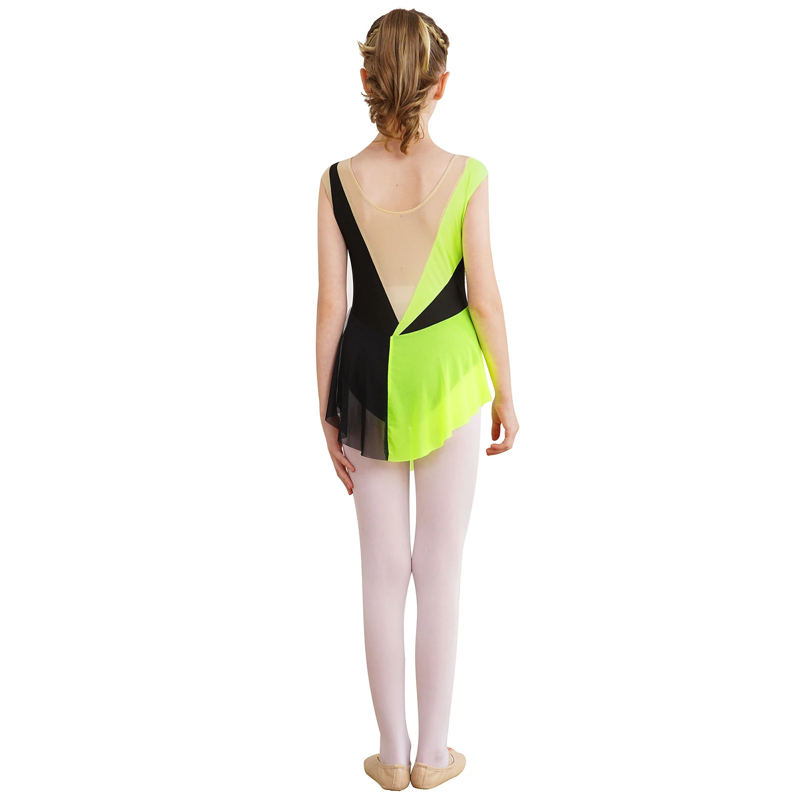 Kids Girls Figure Skating Leotard Dress Ballet Leotard Dance Leotard Ballet Dress Shiny Rhinestone Sheer Mesh Sleeveless Bodysuit for Ballet Lyrical Dance Gymnastics