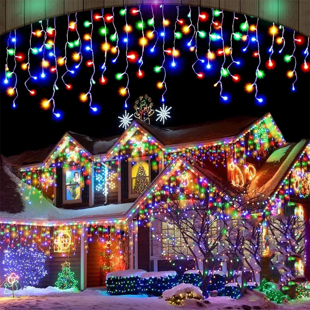 thumbnail image 1 of Cortina de luces LED navideñas para exteriores, impermeables, de 3 a 40 m, con forma de carámbano, para calle, jardín, casa, centro comercial, luces decorativas para aleros, 1 of 5