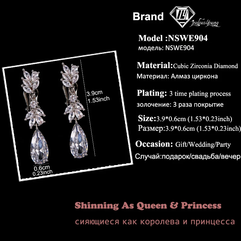 Fashion Leaf Zircon Clips Earrings for Women Silver Color Drop Water Clip Earings Long Crystal Wedding Ear Cuff Jewelry Gifts,ear clip earrings