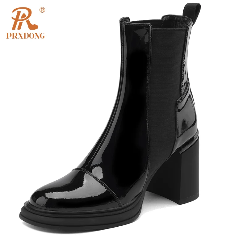 

PRXDONG Women's Shoes Concise Black Patent Leather Chunky High Heels Platform Autumn Winter Warm Ankle Boots Dress Party Size 39