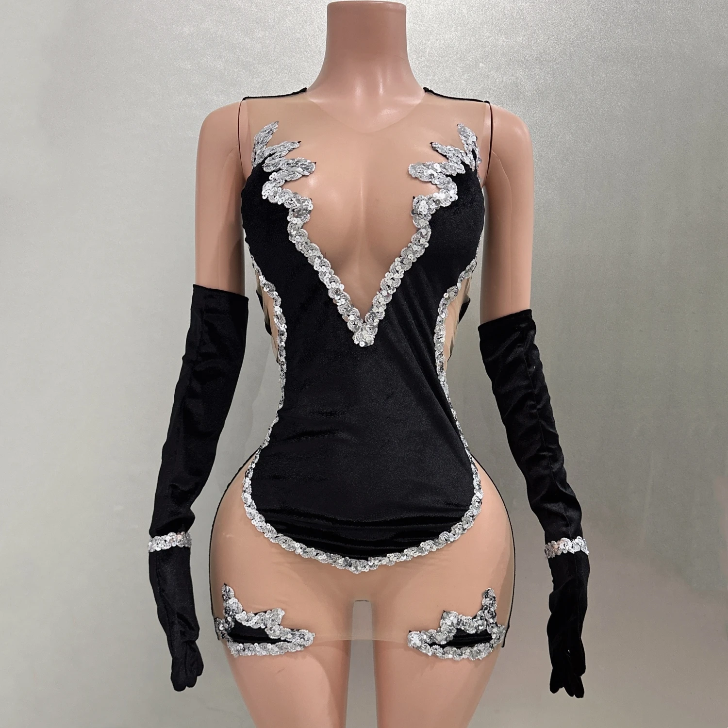 

Black Velet With Gloves Sexy See-Through Sheath Mini Dress Evening Party Nightclub Performance Costume Bar Singer Stage Wear