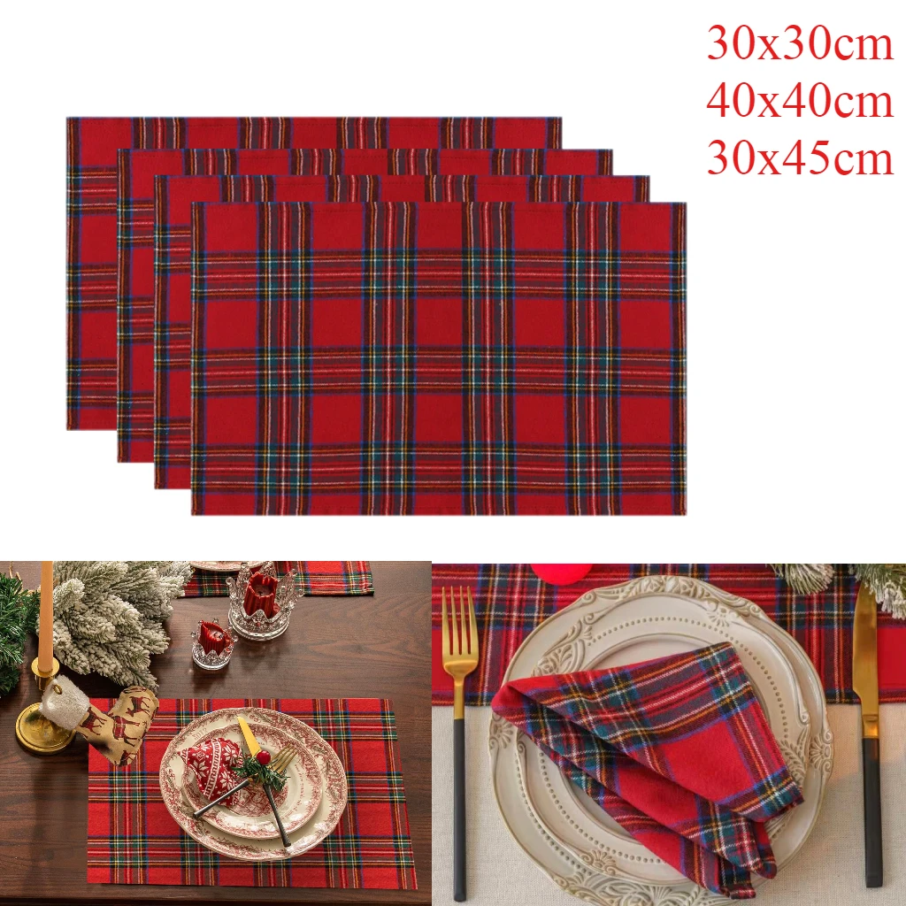 Cotton Napkins 4pcs Table Napkin Christmas Placemats Red Soft Scottish Tartan Plaid Cloth Napkins Decorative Kitchen Festive Home Table Decor